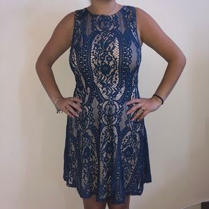 Blue Patterned Floral Dress - S - Cream Lining